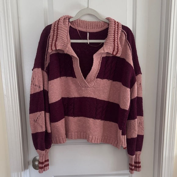 Free People Pink and Purple V-Neck Sweater - Picture 1 of 3